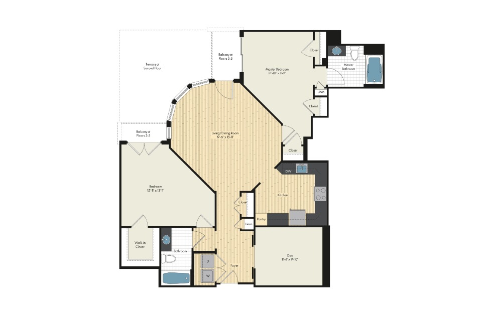 2 Bedroom Floor Plan At Upstairs At Bethesda Row