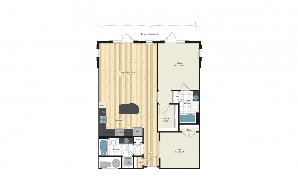 brk16.1 - 1 bedroom floorplan layout with 2 baths and 1105 square feet.